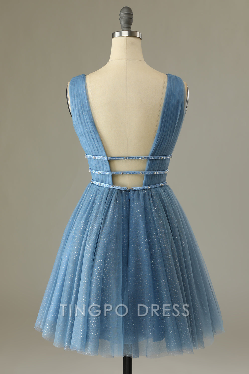 TingPo Wholesale Elegant Blue Grey Tulle Short Prom Dress formal wear dresses